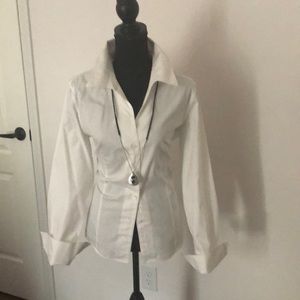 Calvin’s white tailored button down blouse
